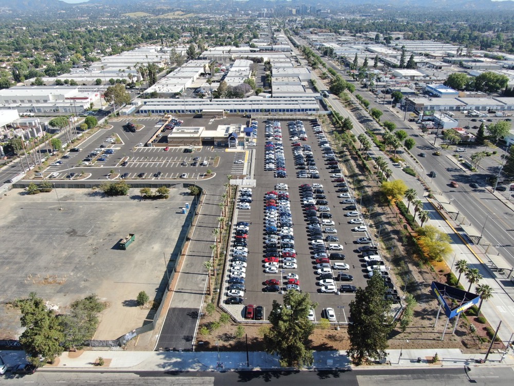 Commercial car dealership aerial view